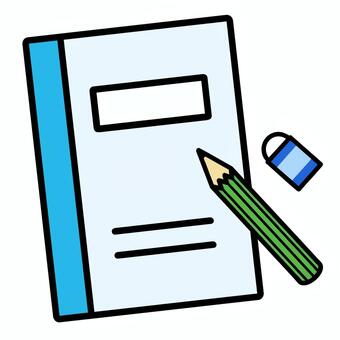 ノートと消しゴムと鉛筆のセット ノート,鉛筆,消しゴム,勉強,学用品,学習,書く,ワンポイント,白背景,記録のイラスト素材