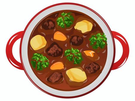ビーフシチュー（鍋）2 ビーフシチュー,鍋,スープ,料理,肉,牛肉,じゃがいも,にんじん,ブロッコリー,食べ物のイラスト素材