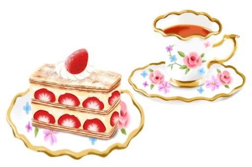 ミルフィーユとおしゃれなカップの紅茶 ミルフィーユ,ケーキ,クリーム,食べ物,飲み物,苺,果物,紅茶,カフェ,おやつのイラスト素材