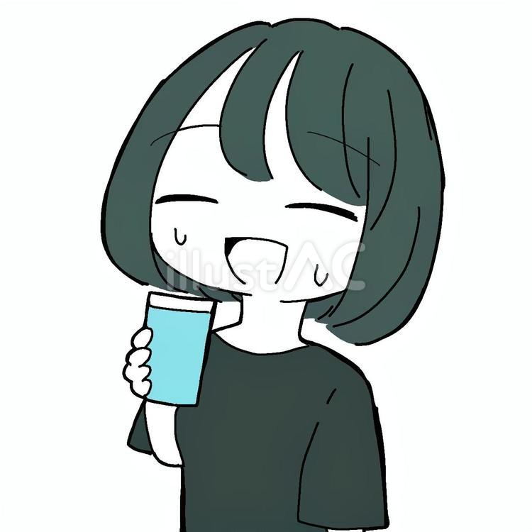汗をかきながら水分補給をしている女性 水分補給,タンブラー,半袖のイラスト素材
