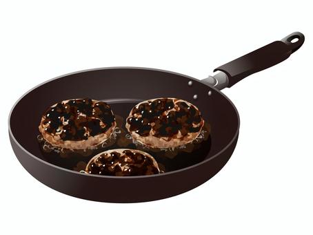 調理中のハンバーグ3 ハンバーグ,調理,洋食,料理,食べ物,黒焦げ,失敗料理,フライパンのイラスト素材