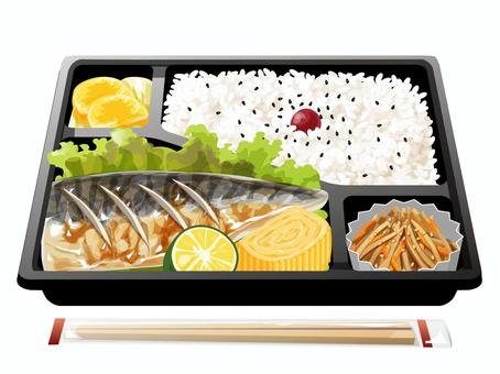 鯖の塩焼き弁当 鯖の塩焼き,弁当,昼食,料理,食べ物,焼き魚,鯖,卵焼き,カボス,ご飯のイラスト素材