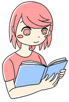 桃色の女の子が本を読む　斜めから ピンク,手描き,本,読む,女の子,女性,人物,キャラクター,ピンク髪,読書のイラスト素材