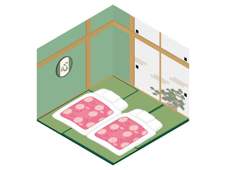 和室に敷かれた二つの和風な布団 和室,旅館,客室,旅行,宿,宿泊,布団,寝具,寝床,部屋のイラスト素材