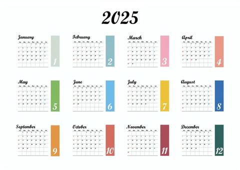 2025年カレンダー横（A４寸法） カレンダー,2025年,横,シンプル,暦,祝祭日,日曜始まり,スケジュール,令和7年,スタイリッシュのイラスト素材