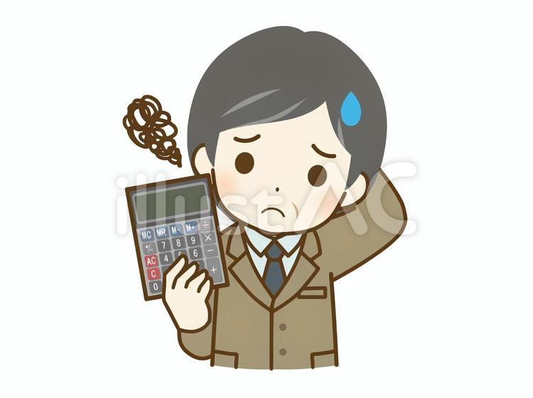 電卓を持って悩むスーツの中年男性 おじさん,電卓,デフォルメのイラスト素材