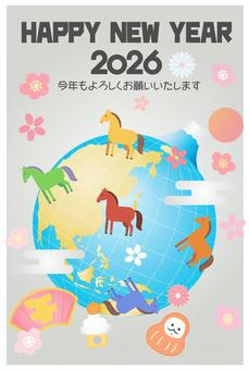 2026年午年年賀状　その７ 年賀状,背景,冬,正月,馬,午年,和柄,お正月,和風,桜のイラスト素材