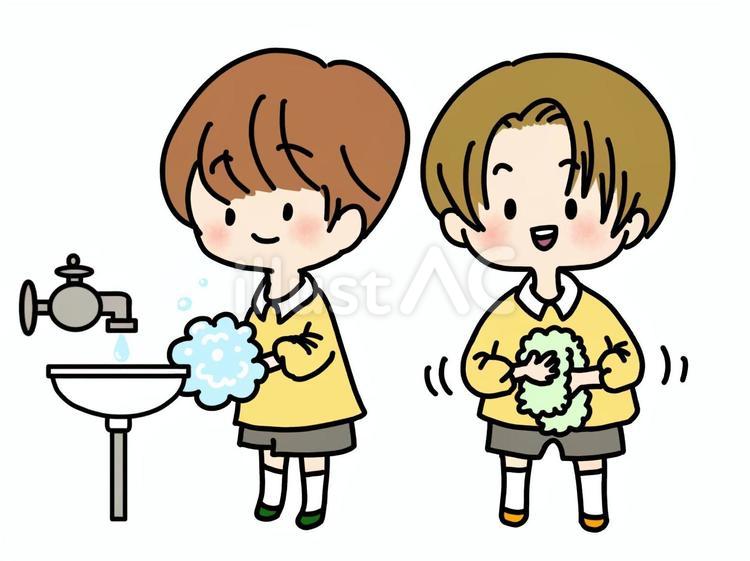 手を洗って拭く男の子　黄色 男の子,手洗い,洗面台のイラスト素材