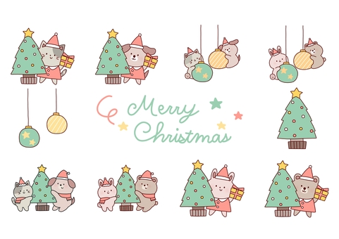 クリスマスセット クリスマス,ツリー,プレゼント,猫,犬,うさぎ,くま,動物,サンタ,帽子のイラスト素材