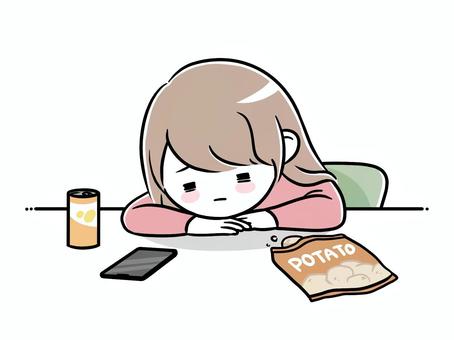 机に突っ伏してダラダラする女性 女性,だらだら,もやもや,退屈,やる気,不満,暇,机,突っ伏す,寝るのイラスト素材