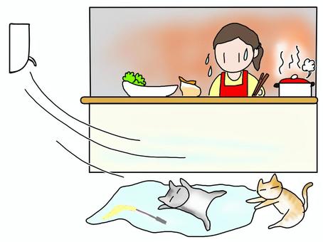 夏のキッチンが暑い間取りの家 キッチン,暑い,熱,こもる,間取り,家,空調,室温,温度,加熱のイラスト素材