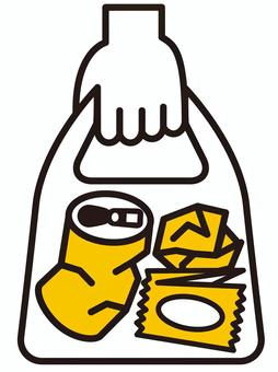 ゴミを持ち帰るピクトグラム（オレンジ色） ゴミ,持つ,帰る,ピクトグラム,手,袋,空き缶,紙クズ,ビニール,線画のイラスト素材