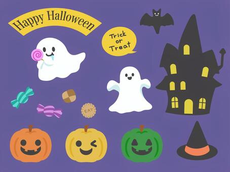 ハロウィン_シンプルアイコンセット ハロウィン,オバケ,カボチャ,お菓子,アメ,クッキー,帽子,コウモリ,家,シルエットのイラスト素材