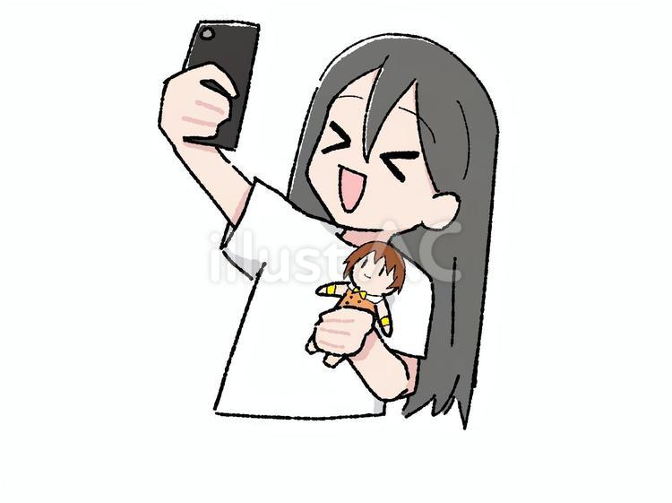 推しぬいと自撮りする推し活女性 推し,推し活,手描きのイラスト素材