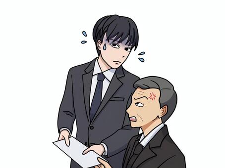仕事ミスで上司に怒られ目をそらす後輩 書類,提出,ミス,仕事,スーツ,男性,新人,上司,2人,中年のイラスト素材