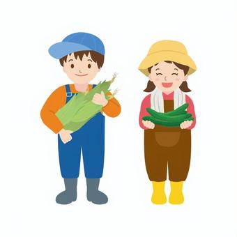 農家の人16 子ども,男の子,女の子,人物,農作業,畑仕事,全身,正面,笑顔,帽子のイラスト素材