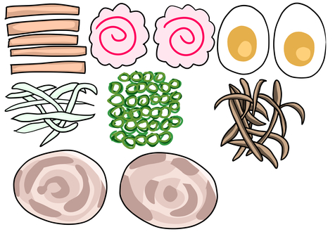 ラーメンのトッピングのイラスト ラーメンのトッピング,トッピング,チャーシュー,焼豚,ゆで卵,もやし,青ネギ,メンマ,なると,食べ物のイラスト素材