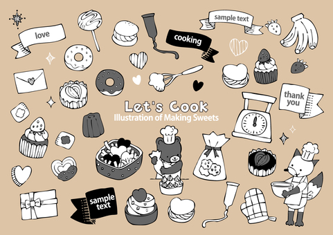 可愛いお菓子作りの挿絵セット 料理,お菓子,お菓子作り,手作り,クッキー,カップケーキ,マカロン,チョコレート,カヌレ,ケーキのイラスト素材