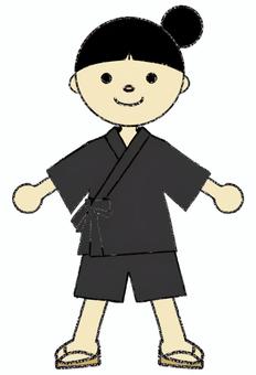 甚平を着てる女の子(黒色ver.) 甚平,黒,黒色,女の子,お祭り,夏祭り,縁日,小学生,子供,館内着のイラスト素材