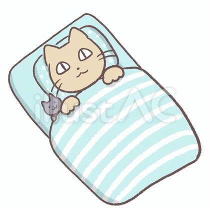 布団で寝ながら考え事をする猫