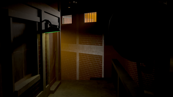 緑の灯の下で 建物,窓,ライト,壁,レンガ,コンクリート,生活,影,3d,cgのイラスト素材