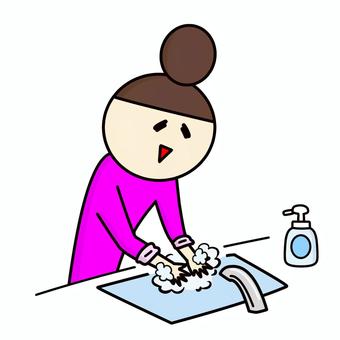 手を洗うおだんごの女性 女性,手洗い,手,洗う,ハンドソープ,水道,きれい,感染予防,風邪予防,清潔のイラスト素材