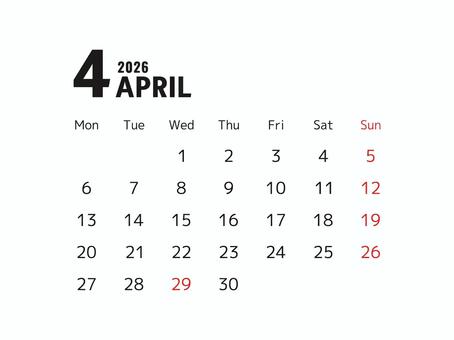 2026年4月のシンプルなカレンダー カレンダー,4月,2026,月間,シンプル,月別,月毎,春,スケジュール,暦のイラスト素材