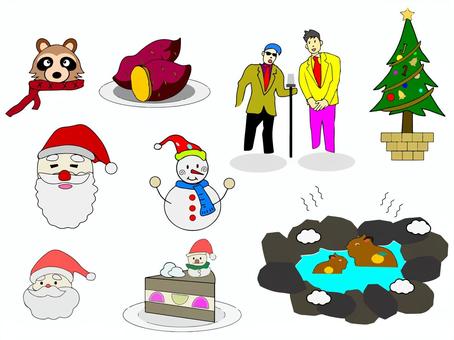 12月詰め合わせ 12月,冬,たぬき,焼き芋,漫才,クリスマスツリー,サンタクロース,雪だるま,ケーキ,温泉のイラスト素材