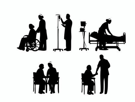 医療福祉シルエットセット 点滴,確認,巡回,処置,薬剤,検査,管理,専門職,医療従事者,健康管理のイラスト素材