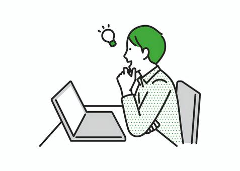 仕事でひらめく男性 男性,パソコン,フラット,線画,シンプル,ビジネス,ベクター,ノートパソコン,仕事,私服のイラスト素材
