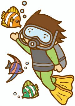 スキューバダイビング-4c スキューバダイビング,スキューバ,潜水,マリンスポーツ,魚,熱帯魚,泡,アクアラング,酸素ボンベ,水中眼鏡のイラスト素材