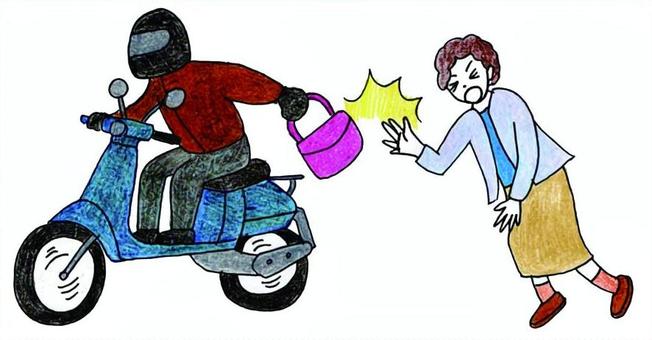 ひったくりの手描きイラスト オートバイ,ひったくり,女性,高齢女性,犯罪,防犯,防犯イラスト,手描きのイラスト素材