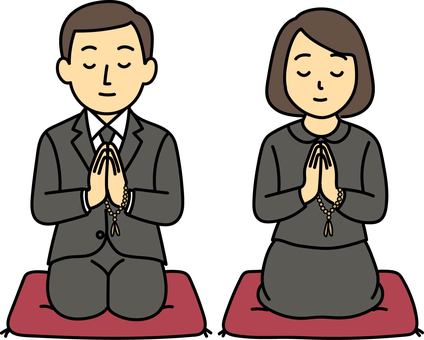 お葬式 お葬式,法事,お寺,夫婦,数珠,合掌のイラスト素材