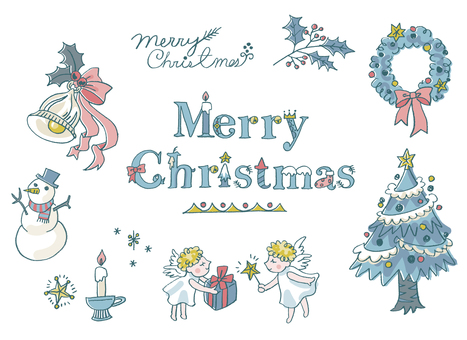 手描き_クリスマスモチーフ_01 手描き_クリスマスモチーフ_01 手描き,クリスマス,クラフトケイ,ツリー,リース,天使,ベル,スノーマンのイラスト素材