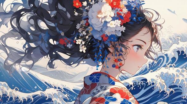 Illustration, une fille, vague, kimono, 