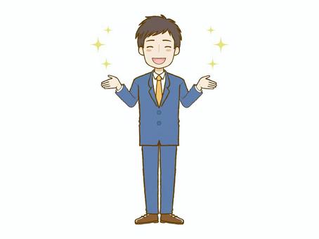 スーツを着た男性が両手を広げて笑顔 笑顔,男,スーツ,両手,広げる,話す,会話,笑う,楽しい,嬉しいのイラスト素材