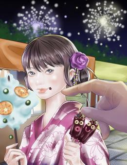 夏祭り 祭り,花火,浴衣,綿菓子,チョコレートのイラスト素材