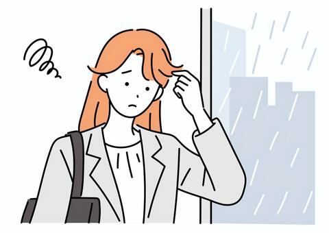 雨の日に前髪がうねって困る女性 雨,女性,髪,前髪,湿気,くせ毛,うねり,梅雨,ヘアスタイル,悩みのイラスト素材