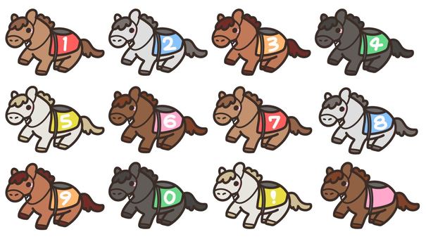様々な毛色の馬のイラストセット 馬,競走馬,動物,かわいい,ゼッケン,数字,カラフル,干支,午年のイラスト素材