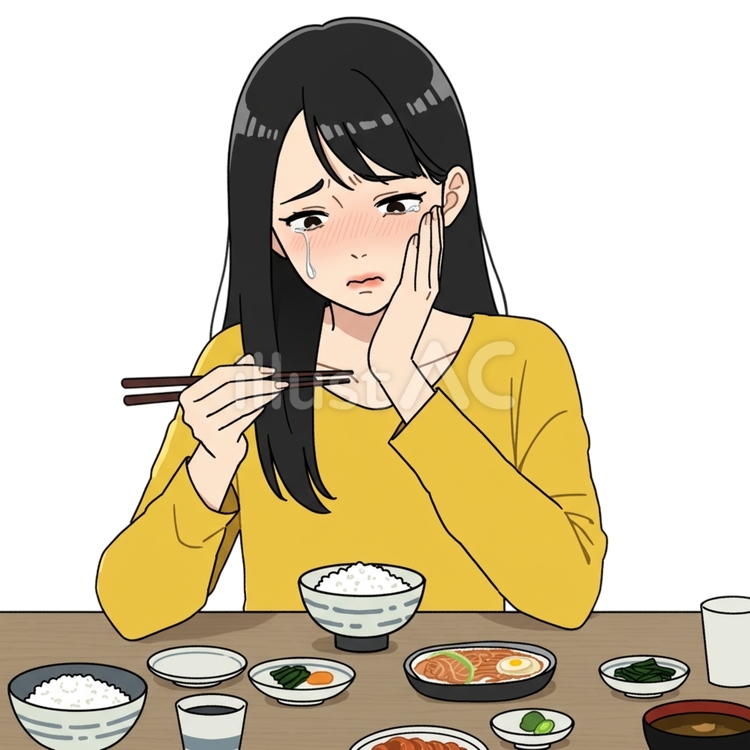 歯に痛みを感じている姿 女性,ご飯,カットソーのイラスト素材