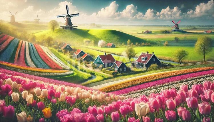 チューリップ畑と風車小屋を見おろす風景 チューリップ,畑,風車のイラスト素材