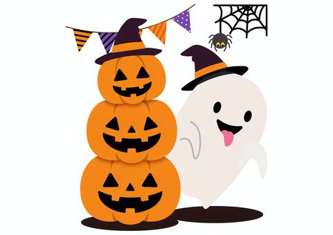 ハロウィンイラスト_05 ハロウィン,かぼちゃ,カボチャ,南瓜,ジャックオーランタン,三段かぼちゃ,積み重ね,おばけ,オバケ,幽霊のイラスト素材