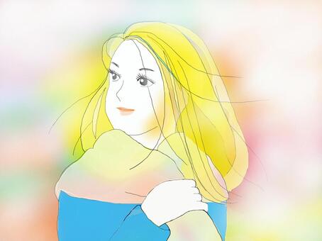 物語風の可愛い華やかな女性の手描き 女性,華やか,可愛い,お洒落,マフラー,暖かい,冬,ファッション,ヘアスタイル,なびくのイラスト素材