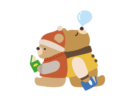 読書と居眠り中の仲良しクマ兄弟 動物,冬,くま,読書,本,居眠り,マフラー,仲良し,兄弟,ニット帽のイラスト素材