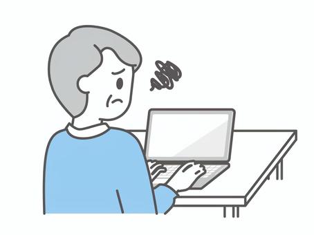 パソコン操作に困ってる高齢者05 人物,男性,老人,おじいさん,祖父,高齢者,白髪,カーディガン,パソコン,ノートパソコンのイラスト素材