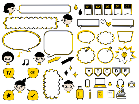 吹き出しとアイコンポイント黄色 黒,吹き出し,黄色,アイコン,男の子,女の子,スマホ,パソコン,カメラ,キャリーケースのイラスト素材