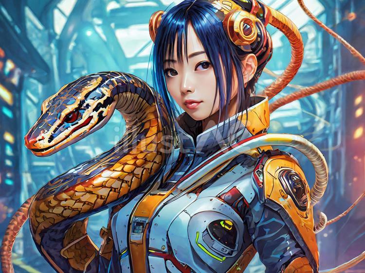 SF世界に描かれた女性と蛇 女性,蛇,sfのイラスト素材