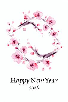 年賀状・水彩の優しい梅の花 年賀状,梅,花,お正月,正月,元旦,水彩,桜,和風,和のイラスト素材