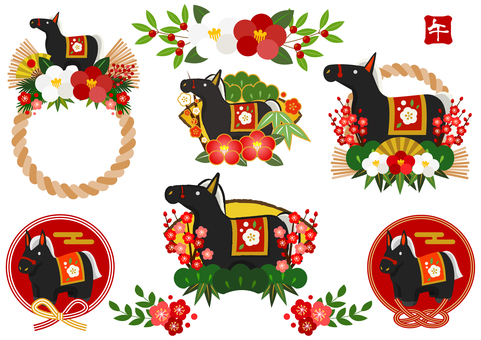 zodiac26131 馬,午年,しめ飾り,扇,水引,椿,松,梅,年賀状,南天のイラスト素材