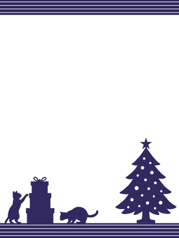 猫とXmasのシルエット背景　紺・縦 猫,シルエット,クリスマス,ツリー,プレゼント,可愛い,シンプル,カード,グリーディング,ネイビーのイラスト素材